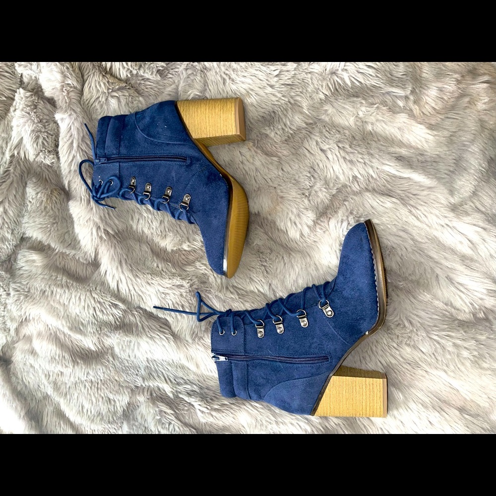 Blue suede heeled booties